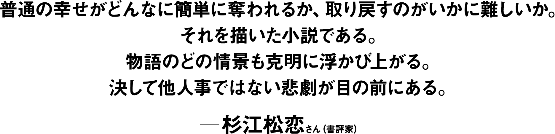 普通の幸せがどんなに簡単に奪われるか、取り戻すのがいかに難しいか。それを描いた小説である。物語のどの情景も克明に浮かび上がる。決して他人事ではない悲劇が目の前にある。 ――杉江松恋(書評家) 